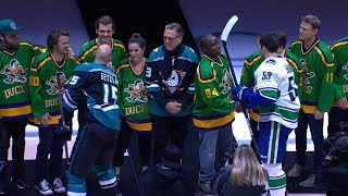 Cast of The Mighty Ducks drop ceremonial puck in Anaheim