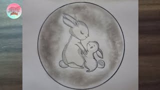 cute bunny drawing with mother/ mother and baby bunny drawing with pencil in a circle
