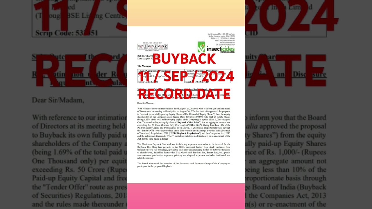  Buyback Insecticides India Ltd Share Update Stockmarket Bse Nse Trending Smju