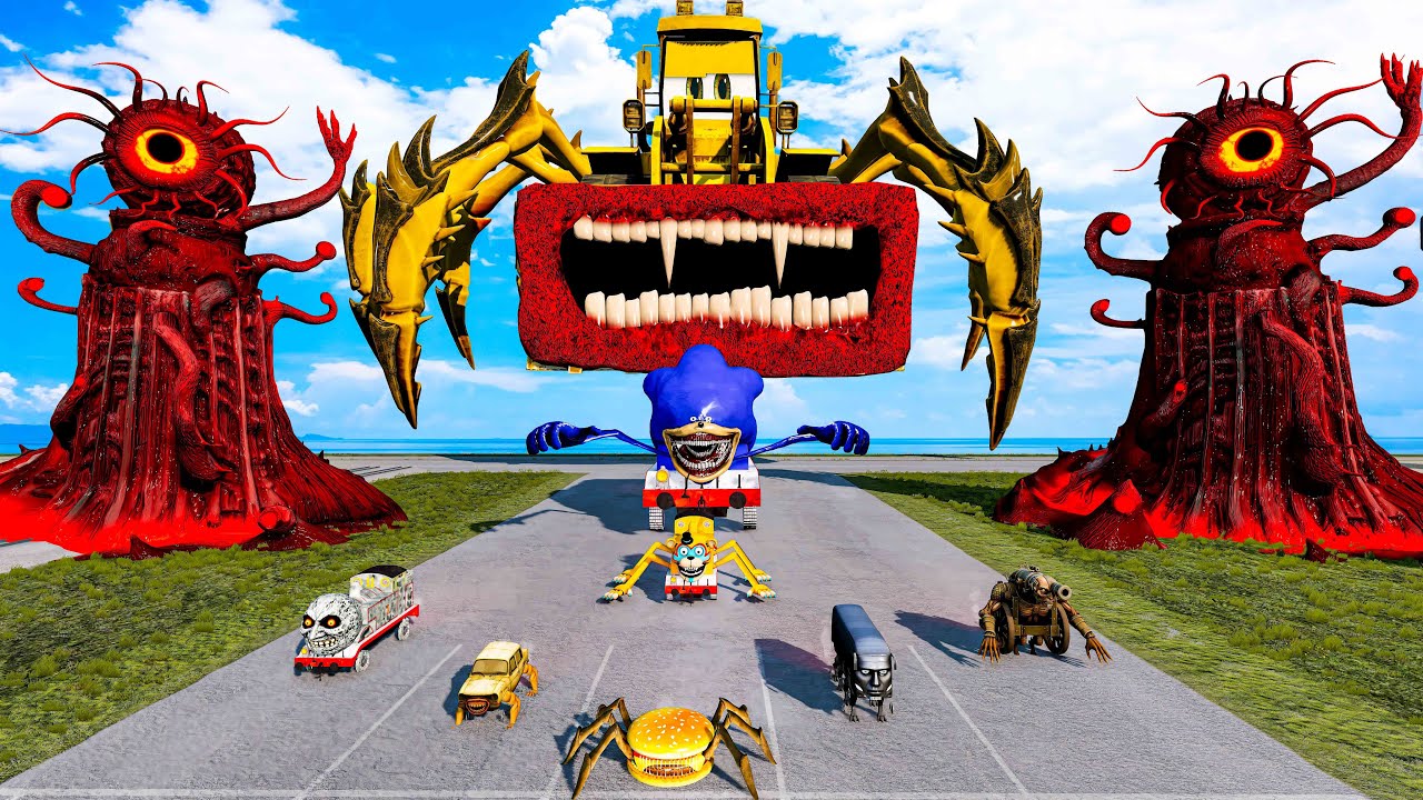 ALL MONSTERS Big & Small Cars with WHELL LOADER MONTERS & EYE  TOWER  BeamNG.Drive