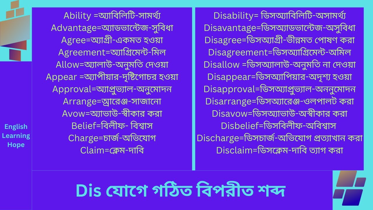 Dis যোগে বিপরীত শব্দ। 
