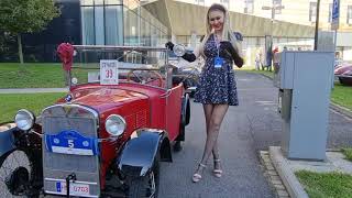 4k Granate Styling, walking in public, classic car parade in Ostrava, minidress, stockings, wedges,