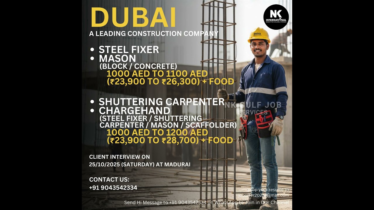 Dubai Construction 2025 | Steel Fixer, Mason, ShutteringCarpenter, Chargehand | Interview in Madurai