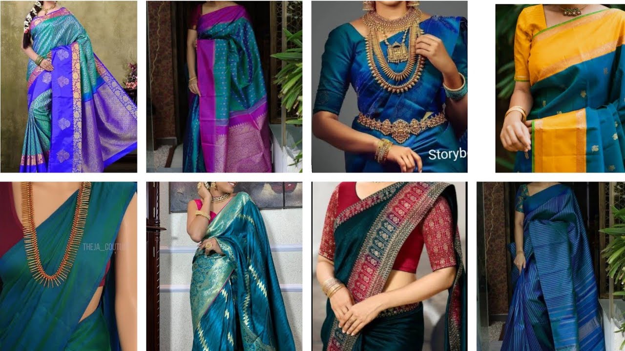 Peacock Blue Colour Silk Saree with Contrast Blouse Designs 🎇Peacock ...
