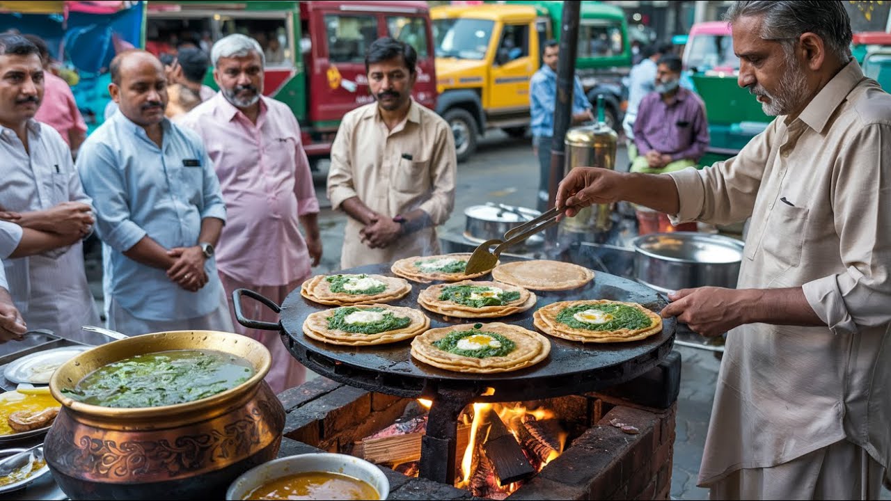 PAKISTANI ROADSIDE BREAKFAST ALOO PARATHA WITH SAAG & MAKHAN | DESI CHEAPEST STREET FOOD