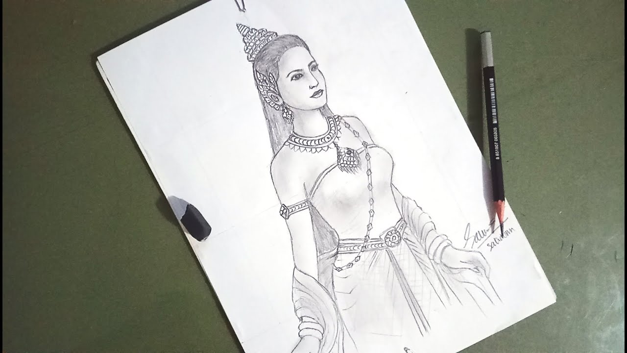How to draw a woman wearing traditional Khmer clothing from the Angkor period