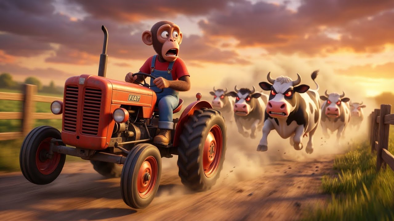 Angry Cows Chasing Monkey Tractor 😱 | Funny 3D Cartoon Farm Story | Guggu Farm 