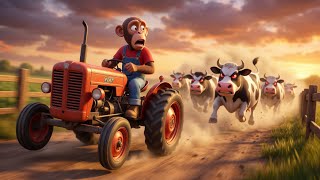 Angry Cows Chasing Monkey Tractor Funny 3D Cartoon Farm Story Guggu Farm