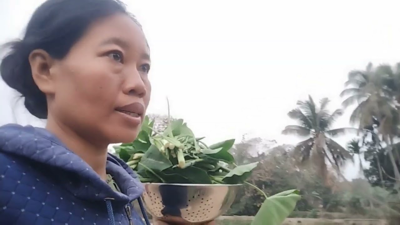 No vegetables at home.so I cut some tender taro stem and leaf from pond side.