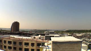 The view from a crane hook hoist delivering solar panels modules in Jersey CIty NJ The Madox