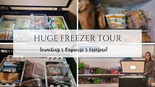 HUGE FREEZER TOUR/ORGANIZING AND INVENTORY ON MY 5 FREEZERS/FEEDING MY LARGE FAMILY FOR CHEAP