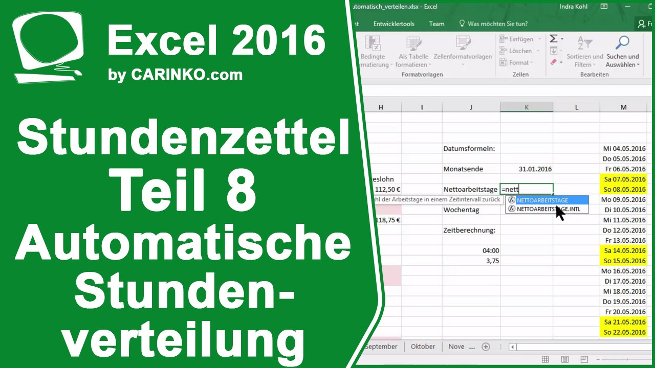  Update Stundenzettel Zeiterfassung in Excel automatisierte Stundenverteilung Teil 8 - carinko.com
