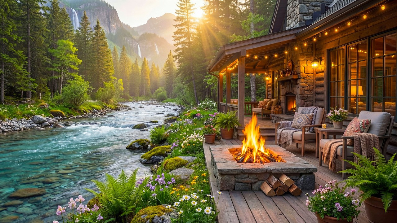 The Most Serene Riverside Cabin Porch Morning 🌲🔥 Cozy Fire Pit, Birds Singing & Flowing River Sounds