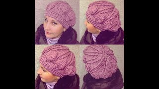 Нежная шапка-берет крючком рельефными столбиками узор листочки crochet cap Нежная шапка-берет крючком рельефными столбиками узор листочки crochet cap