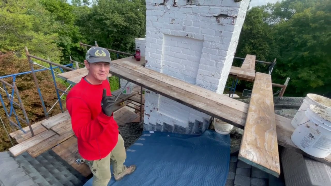 Chimney repair with scaffolding