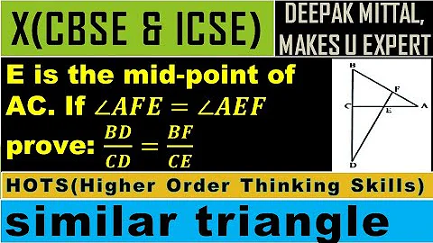 E is the mid-point of AC.If ∠𝑨𝑭𝑬=∠𝑨𝑬𝑭 prove: 𝑩𝑫/𝑪𝑫=𝑩𝑭/𝑪𝑬 I similar triangle I class 10 I cbse I icse