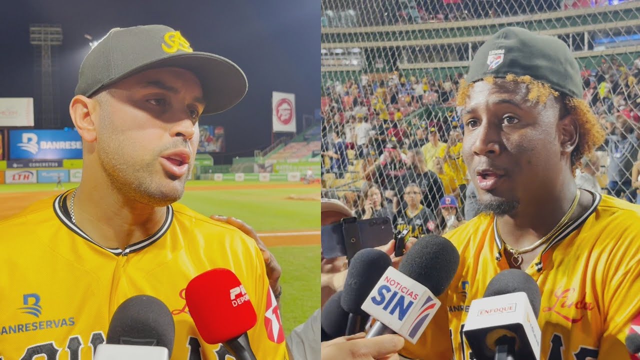 Luis Urueta y Geraldo Perdomo luego de la victoria de las Águilas 4-1 sobre Leones.