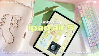 ipad air 5 unboxing  apple pencil, cute accessories + aesthetic home screen setup (widgets, icons)