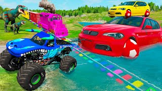 Monster truck vs police cars - Funny Cars vs Flatbed trailer truck rescue bus - Cars vs deep water