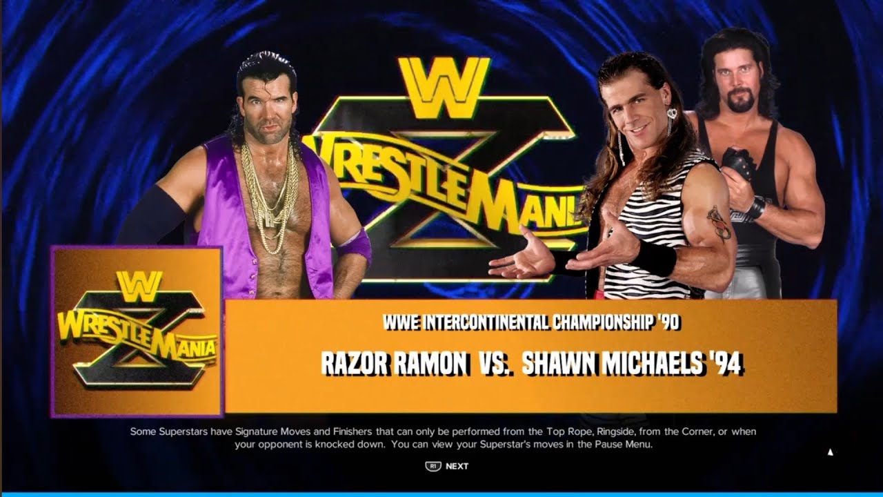Razor Ramon Ladder Match Razor Ramon vs Shawn Michaels. Ladder Match WrestleMania 10. WWE 2K24 ...