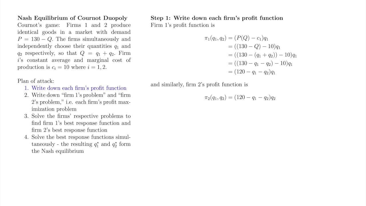 Game Theory 13 Cournot Duopoly, Best Response Functions, and Nash