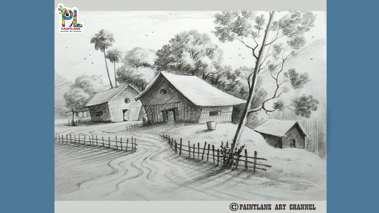 Indian village scenery drawing with pencil sketching and shading