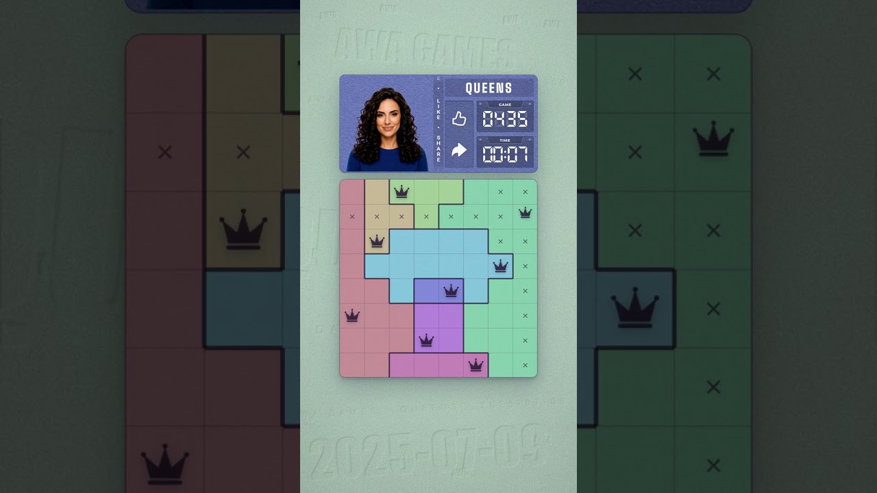 LinkedIn Queens #435 solved board for July 9, 2025, 8x8 grid