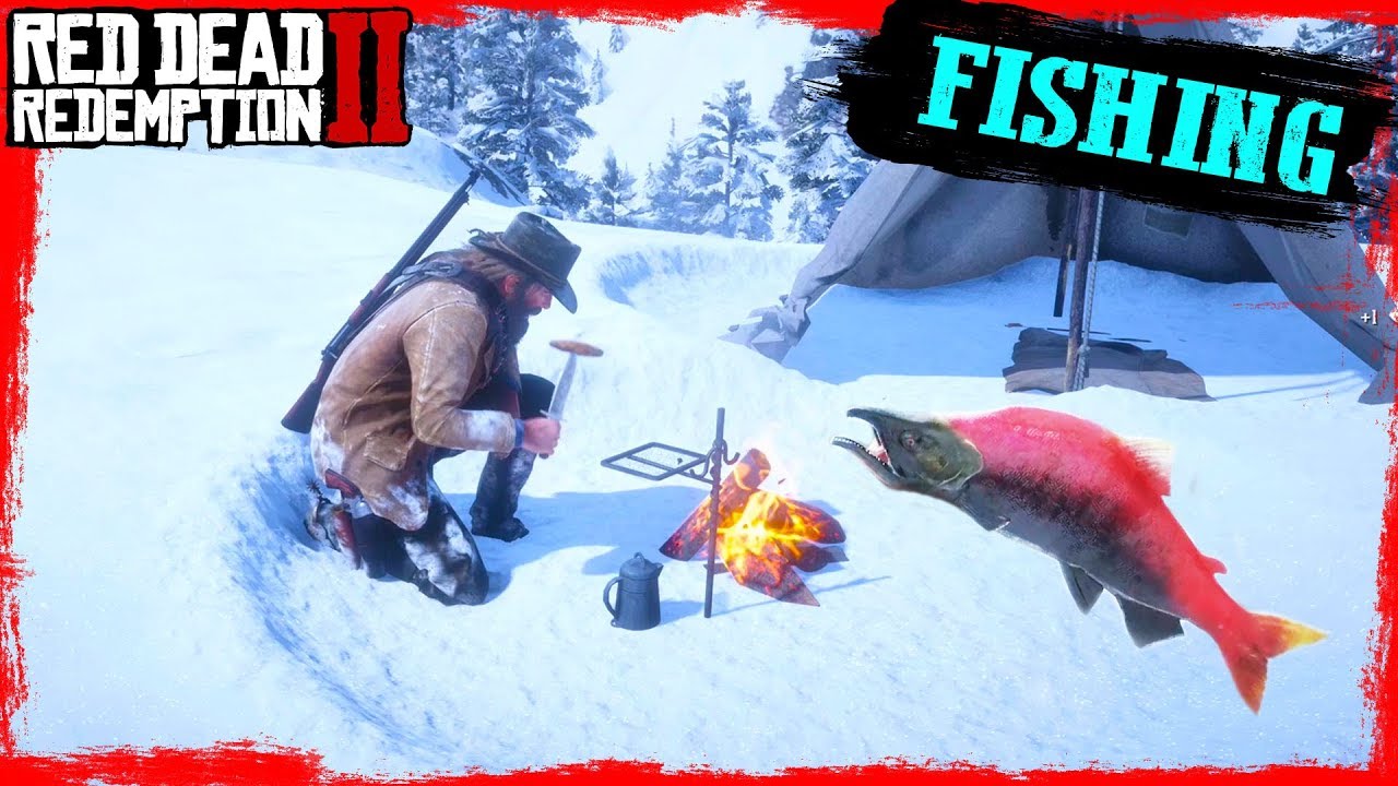 RDR2 Fishing in the mountains catching big SALMON and Cooking Gameplay