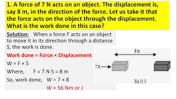A force of 7 N acts on an object. The displacement is, say 8 m, in the direction of the force