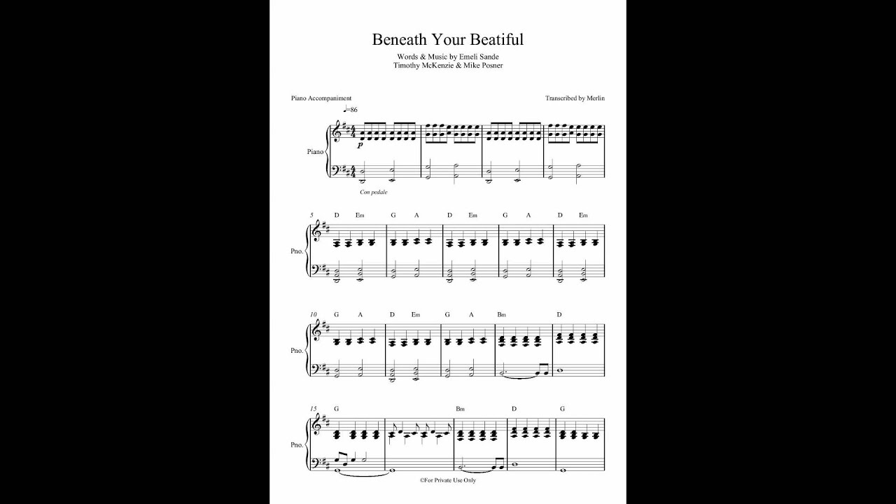 Beneath Your Beautiful by Labrinth ft. Emeli Sandé - Piano Accompaniment (Sheet Music)