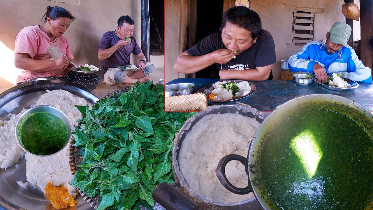 पिथेभात र सिस्नु corn flour rice & nettle gravy curry || life in rural Nepal || @bhumicooking
