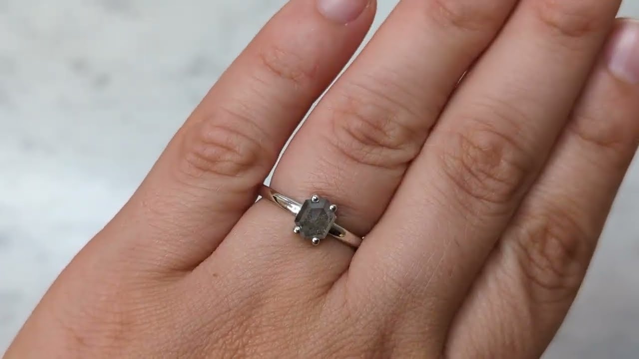 Raw Diamond Hexagon Diamond, Salt and Pepper, Unique Engagement Ring, Geometric Diamond Ring