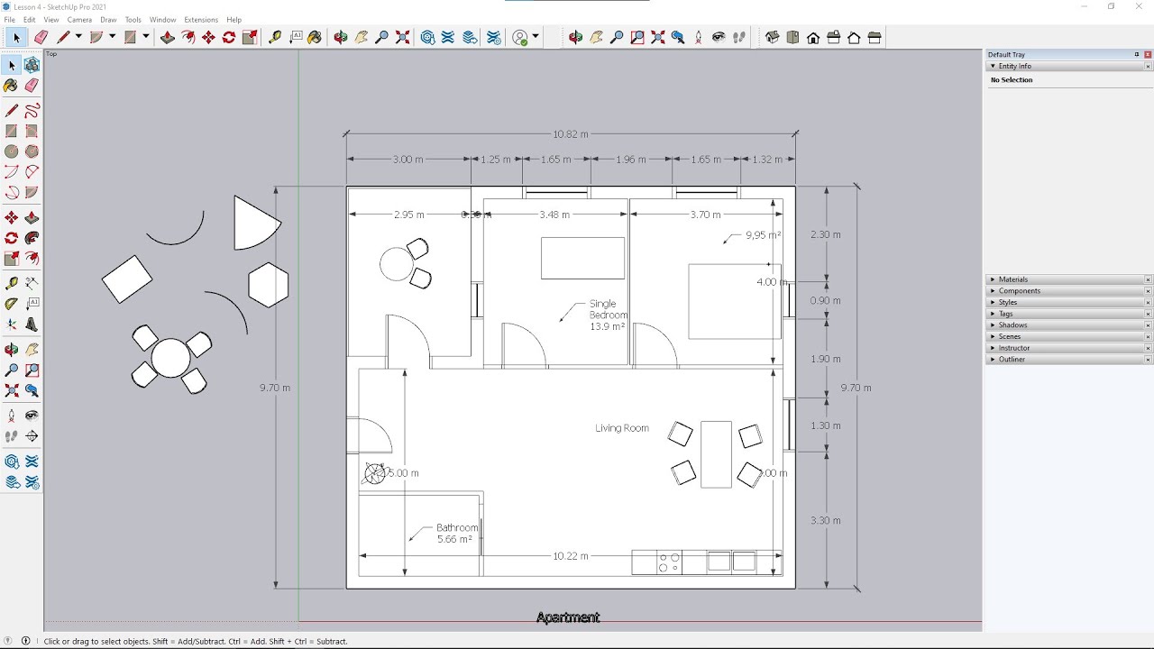 Видеокурс Sketchup PRO - 04 - Чертежи САПР, 2D-фигуры, дизайн интерьера, измерения, текст, размеры