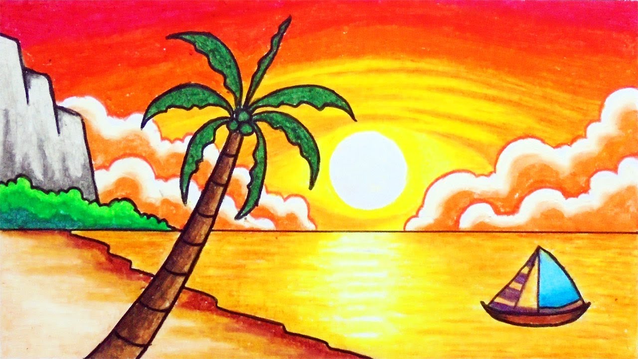 How to Draw Easy Scenery | Drawing Sea Beach Sunset Scenery Step by ...