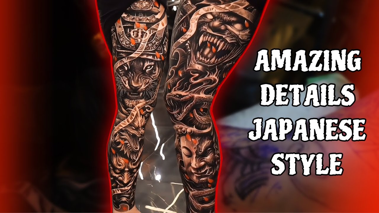 ЧЕРНО-СЕРЫЙ С КРАСНЫМ ЦВЕТОМ В ЯПОНСКОМ СТИЛЕ - ТАТУ НА ВСЮ НОГУ