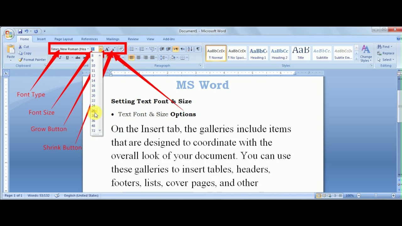 font size in ms word for assignment