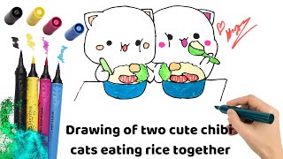 Drawing of two cute chibi cats eating rice together #chibi #drawing #cat