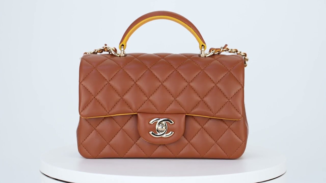 Chanel Mini Flap Bag Top Handle Brown & Yellow Lambskin Light Gold