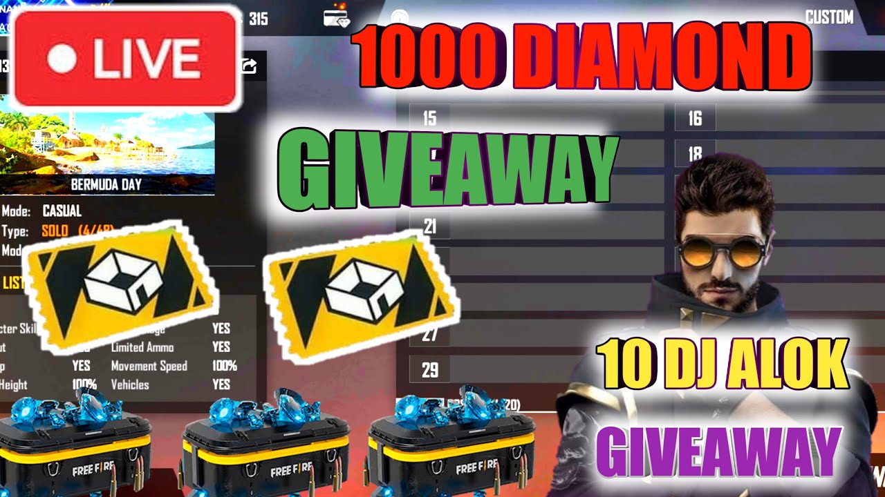 FF LIVE 10000 Diamond and Dj alok Giveaway FreeFire Custom