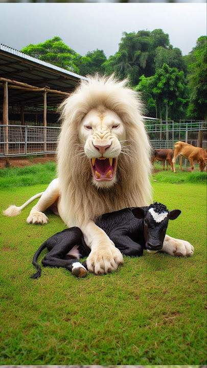 Black cow vs white lion fight for baby #cow #lion #animals #babyanimal #feelings #motherslove