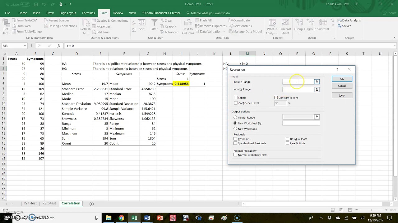 correlation hypothesis testing excel