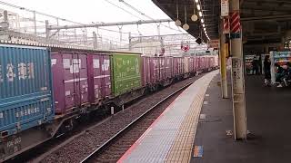 【約32分遅れ・ジョイント音最高！！】JR貨物EF210形100番台146号機(旧塗装)＋コキ18両が大宮駅10番線を通過するシーン(4067列車・吹A107・コンテナ輸送)2023/12/16