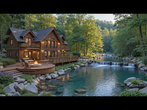Peaceful Forest Riverside Cabin Ambience With Gentle Waterfall & Soft Piano for Relax, Study