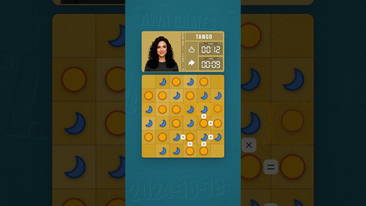 LinkedIn Tango #12 solved board for October 19, 2024, 6x6 grid