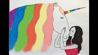 Как нарисовать радужного единорога и девушку. How to draw rainbow unicorn and a girl