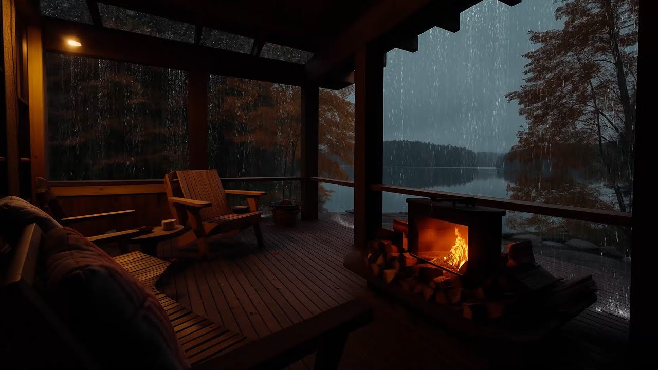 Soothing Rain Falling by The Lake | Fire Sounds in Cabin Porch for ...