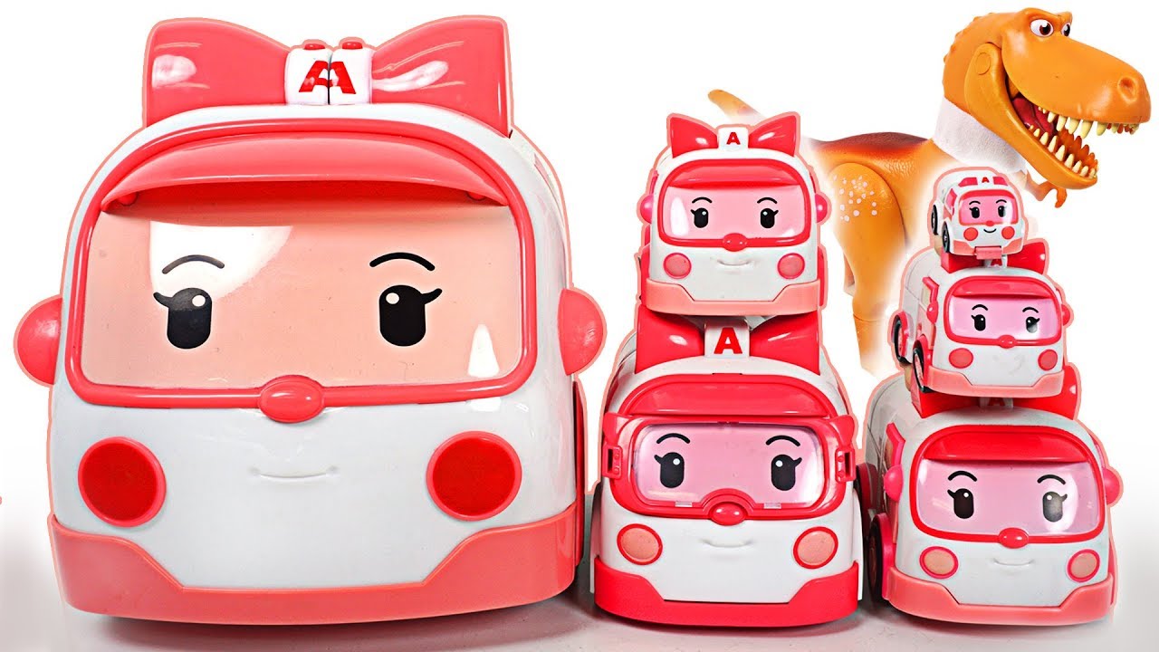 Dinosaur is hurt! Go! Increasingly Bigger transformed ambulance Robocar Poli Amber! - DuDuPopTOY