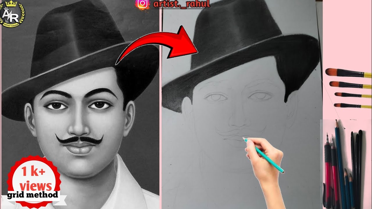 Bhagat singh outline tutorial step by step, how to draw bhagat singh 