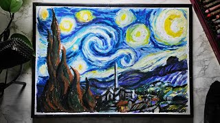 ASMR - Painting Vincent Van Gogh's The Starry Night with Oil Pastels (No Talking)