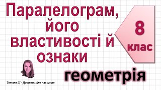 картинка: Паралелограм, його властивості й ознаки. Геометрія 8 клас